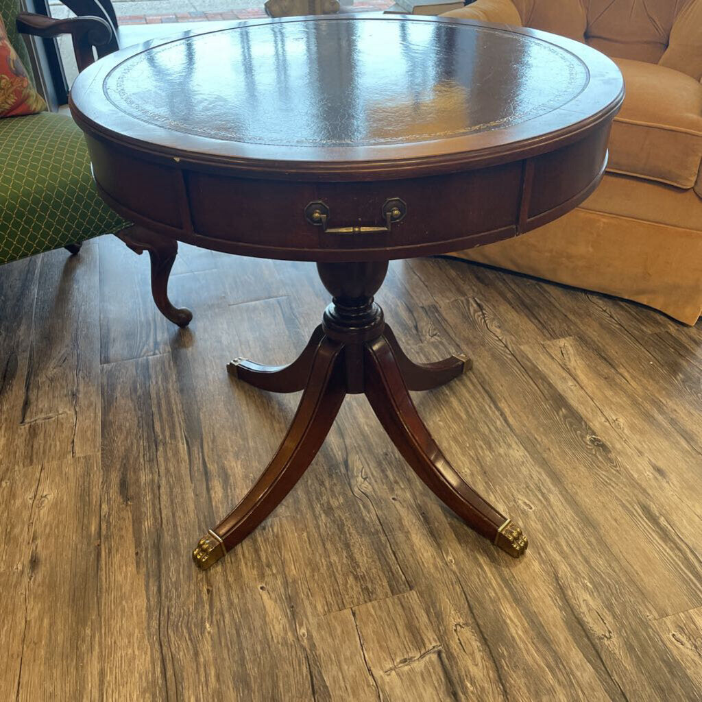 28" Dia. x 27" H Leather Top Accent Table Hertel Home Consignment