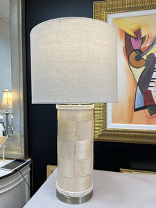 26" Woven Wooden Lamp w/ Linen Shade