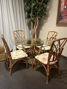 42"Sq x 29"H Vintage Boho Bamboo/Rattan Dinette Table & 4 Chairs