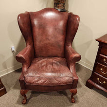 Load image into Gallery viewer, 34&quot; W x 33&quot; D x 46&quot; H ETHAN ALLEN Brandy Brown Leather Wing Chair (As Is)
