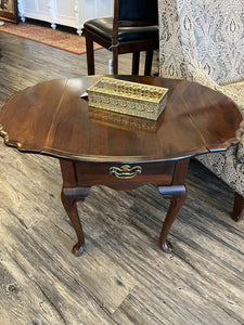 34"L x 25.5"D x 22"H A. A. Laun Mahogany Drop Leaf Accent Table