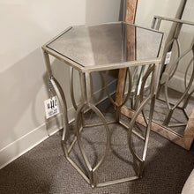 Load image into Gallery viewer, 24&quot;H x 18&quot;W Hexagonal Chrome Side Table With Tempered Glass Top
