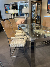 Load image into Gallery viewer, 71.5&quot;L x 38&quot;D x 29&quot;H Milo Baughman Highback Cane Arm Chairs Set of 4 w/ Chrome &amp; Glass Table (retails for $8000-$10,000)
