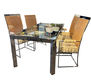 71.5"L x 38"D x 29"H Milo Baughman Highback Cane Arm Chairs Set of 4 w/ Chrome & Glass Table (retails for $8000-$10,000)