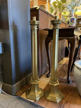 Load image into Gallery viewer, 30&quot;H Set of 2 Vintage Brass Gothic Candle Holders
