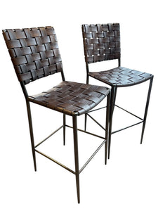 Set of 2 - 17"W x 19"D x 45"H Woven Buffalo Leather & Iron Bar Stools