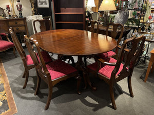 66"L x 48"D x 30"H Henkel Harris Mahogany Dining Table w/ 6 Chairs & 4 12" Leaves & Pads