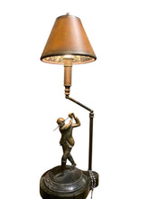 Load image into Gallery viewer, 23" Pair of Vintage Brass Golfer Lamps w/ Marble Base &amp; Leather Shade Imperfect
