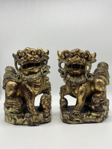 7" Pair of Wooden Carved Oriemtal Lion Bookends