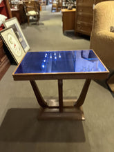 Load image into Gallery viewer, 25&quot;W x 17&quot;D x 23.5&quot;H Cobalt Vintage 1930-40s Blue Glass Top Wooden Base End Table
