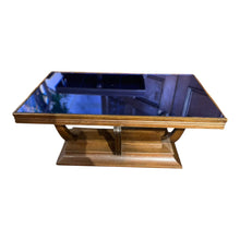 Load image into Gallery viewer, 35&quot;W x 19&quot;D x 16.25&quot;H Cobalt Vintage 1930-40s Blue Glass Top Wooden Base Coffee Table
