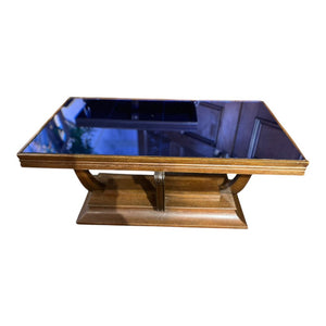 35"W x 19"D x 16.25"H Cobalt Vintage 1930-40s Blue Glass Top Wooden Base Coffee Table