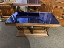 Load image into Gallery viewer, 35&quot;W x 19&quot;D x 16.25&quot;H Cobalt Vintage 1930-40s Blue Glass Top Wooden Base Coffee Table
