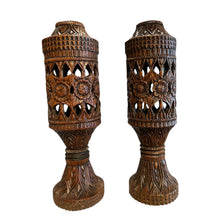 Load image into Gallery viewer, 19.75&quot; Pair of Vintage Hand Carved Wooden Vessel/ Candle Holders
