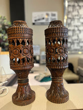 Load image into Gallery viewer, 19.75&quot; Pair of Vintage Hand Carved Wooden Vessel/ Candle Holders
