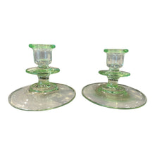 Load image into Gallery viewer, 4&quot; Vintage Green Depression Glass Candlesticks Pair
