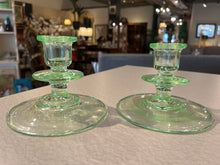 Load image into Gallery viewer, 4&quot; Vintage Green Depression Glass Candlesticks Pair
