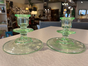 4" Vintage Green Depression Glass Candlesticks Pair