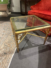 Load image into Gallery viewer, 20&quot;Sq x 16&quot;H Mid Century Faux Bamboo Gilt Cocktail Table w/ Glass Top

