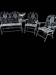 44" L x 38" H Vintage Wrought Iron White Foldable Love Seat, & 2 Chairs
