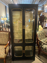 Load image into Gallery viewer, 70"H x 32"W x 17"D Mid Century Chinoiserie Black &amp; Gold Lacquer Curio Cabinet
