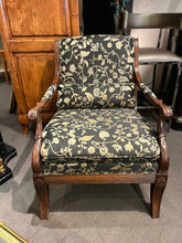 Load image into Gallery viewer, 37&quot;H x31&quot;D x 29&quot;W ETHAN ALLEN Regency Style Black &amp; Gold Floral Armchair
