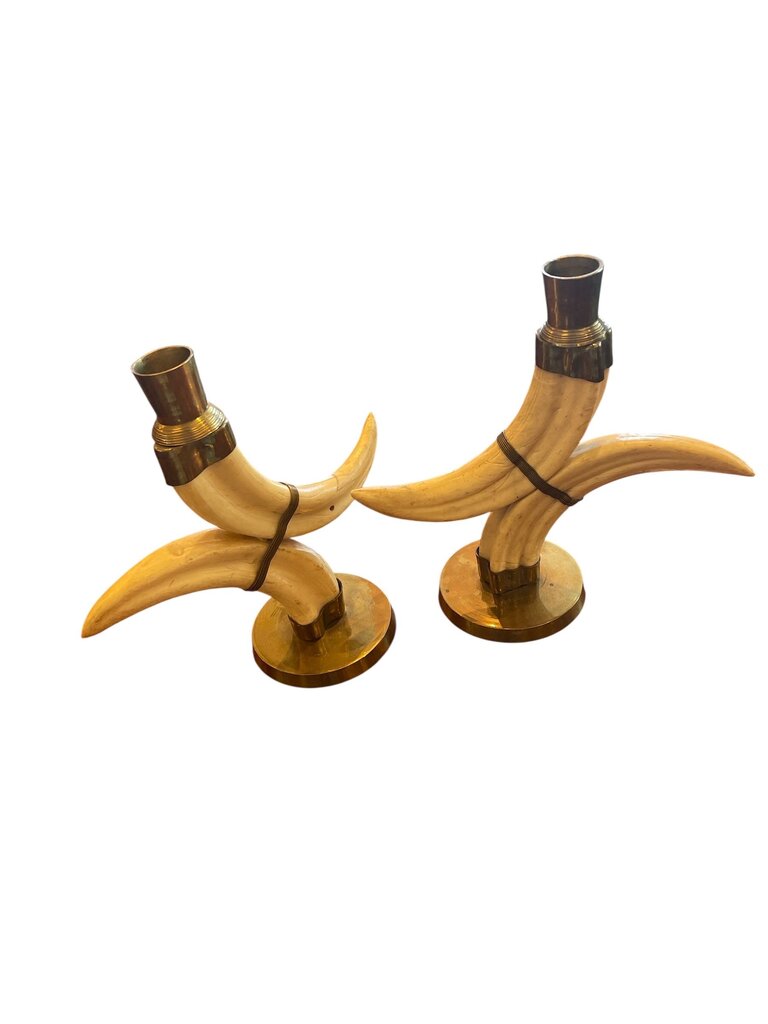 Vintage Pair Faux Wild Boar Candle Holders