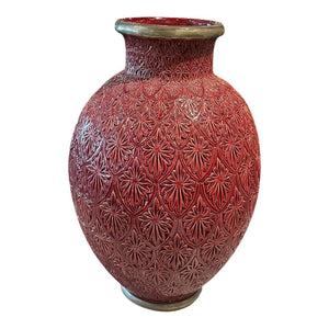 15" Vintage Red Vase w/ Metal Trim