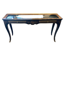 54" L x 16" W x 27" H Drexel Oriental Black Lacquer Console Table, Chinoiserie Painted Motifs