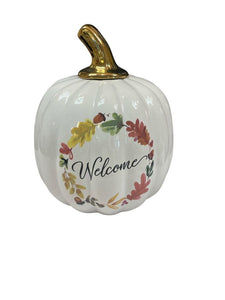 13" White Ceramic Welcome Pumpkin
