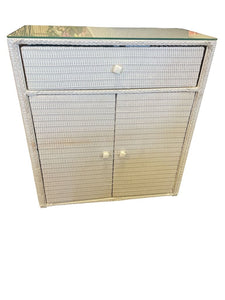 29" H x 28" L x 13.5" D Vintage Bathroom White Wicker Cabinet 2 Doors & Drawer