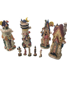 10 Piece Set of Rowdy Rogues Gallery Lighted Halloween Town Village Ceramic Set w/ Box