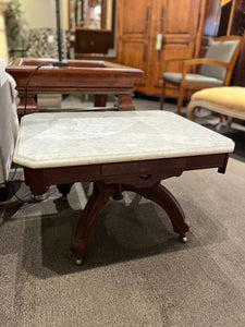 28.5"W x 22"D x 16.5"H Victorian Eastlake Walnut & Marble Parlor Table