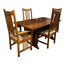 Load image into Gallery viewer, 62&quot;L x 26&quot;D x 29&quot;H Stickley Antique Mission Oak Arts &amp; Crafts Trestle Dining Table w/ 2 15&quot; leaves, Pads, &amp; 4 Chairs

