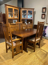Load image into Gallery viewer, 62&quot;L x 26&quot;D x 29&quot;H Stickley Antique Mission Oak Arts &amp; Crafts Trestle Dining Table w/ 2 15&quot; leaves, Pads, &amp; 4 Chairs
