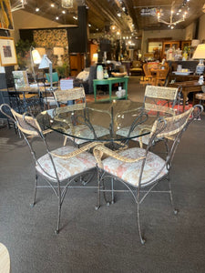 44" x 44" Wrought Iron & Glass Table w/ 4 Chairs 36" H x 23.5" W