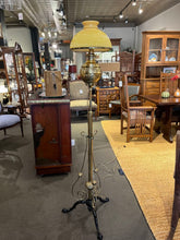 Load image into Gallery viewer, 65&quot;H Victorian Brass Electrified Oil Floor Lamp w/ Yellow Glass Shade
