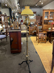 65"H Victorian Brass Electrified Oil Floor Lamp w/ Yellow Glass Shade