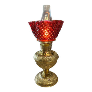 18.5" Antique Electrified Oil Lamp w/ Cranberry Glass Shade