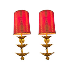 Load image into Gallery viewer, 31&quot; PAIR of Italian Gilt Wall Sconces w/ Red Satin Shades Made in Italy
