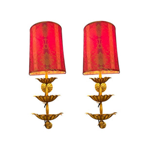 31" PAIR of Italian Gilt Wall Sconces w/ Red Satin Shades Made in Italy