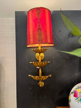 Load image into Gallery viewer, 31&quot; PAIR of Italian Gilt Wall Sconces w/ Red Satin Shades Made in Italy
