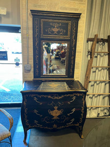 43"W x 37"H x 22.5"D Maitland Smith Grecian Black & Gold Painted 3 Drawer Chest w/ 49"H Mirror from the Kittinger Gallery