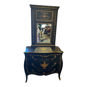 43"W x 37"H x 22.5"D Maitland Smith Grecian Black & Gold Painted 3 Drawer Chest w/ 49"H Mirror from the Kittinger Gallery