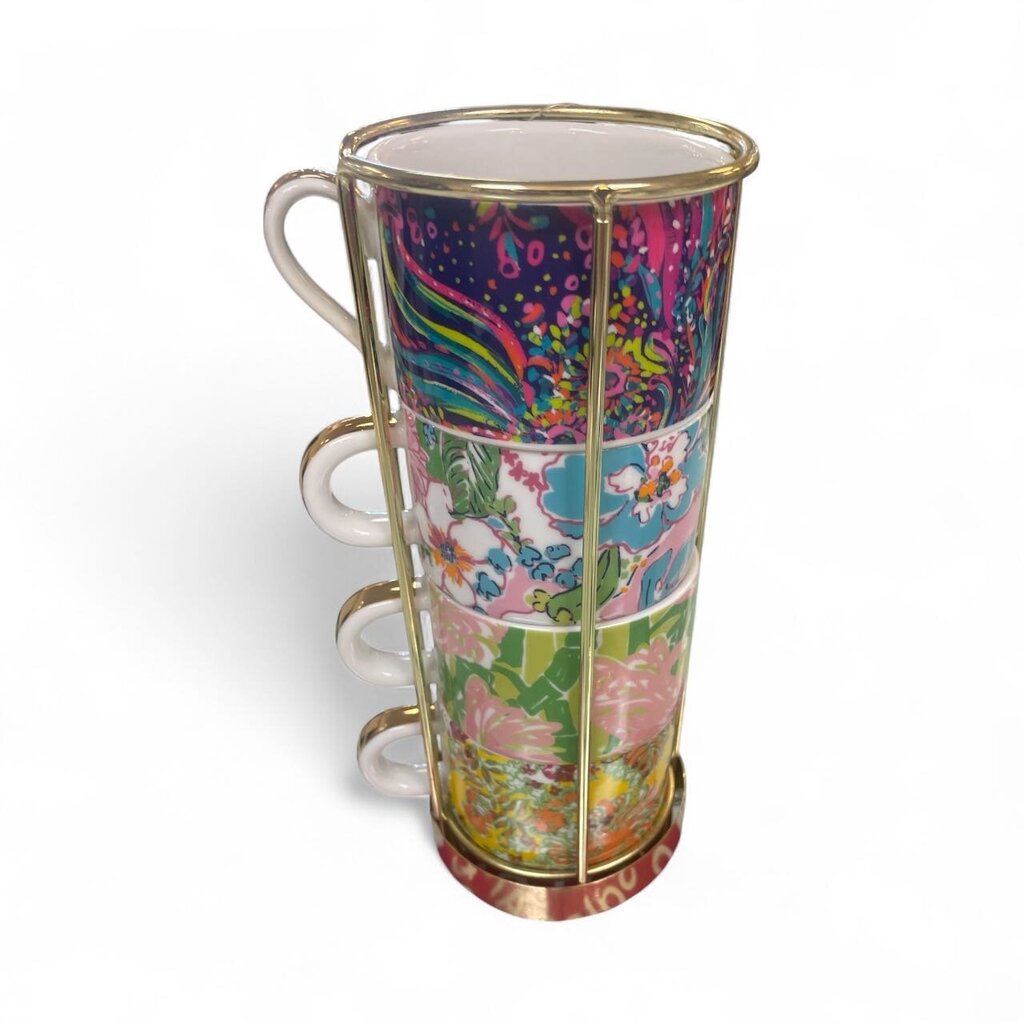 Lilly Pulitzer Set of 4 Stacking Mugs Set Caddy Stand