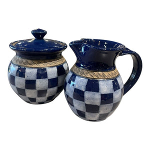 5" Robert Pangburn Blue Checkered Ceramic Creamer & Sugar Signed