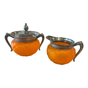 5" Antique Silver & Orange Glass Creamer & Sugar