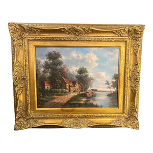 23.5" x 19" "By the Canal" Oil Painting w/ Ornate Gilt Frame