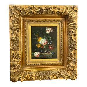 21.5" x 19.25" Floral Still Life Oil Painting w/ Ornate Gilt Frame