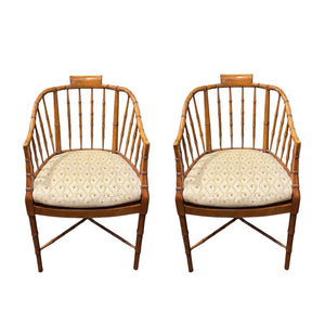 35"H x 21"W x 18"D Baker Pair of Faux Bamboo Caned Seat Chairs w/ Cushion